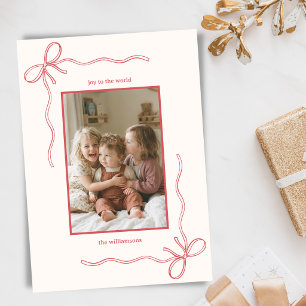 Hand Drawn Bow Christmas Family Photo Joy Red Holiday Card