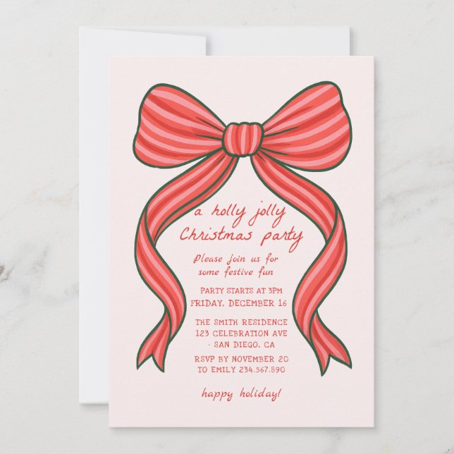 Hand Drawn Bow Christmas Party Invitation  (Front)