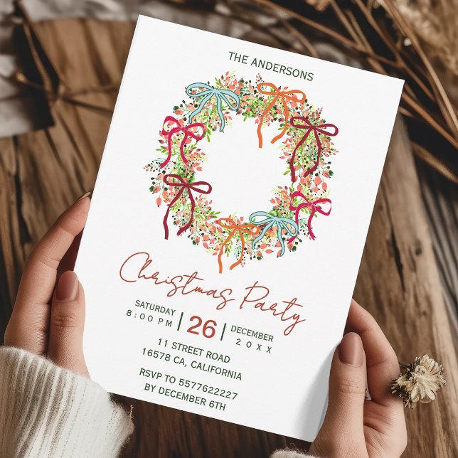 Hand Drawn bow christmas wreath new year Invitation (Creator Uploaded)