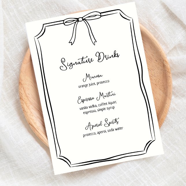 Hand Drawn Bow Coquette Chic Signature Drinks Menu (Stylish black and white signature drinks menu with bow design, for a classic chic event.)