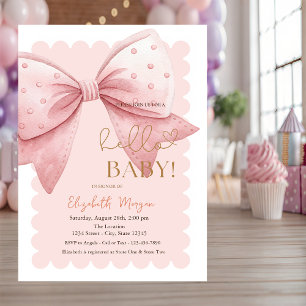  Hand Drawn Bow Dots Frame Pink Baby Shower Invitation