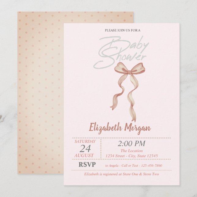 Hand Drawn Bow Dotted Shower Invitation (Front/Back)