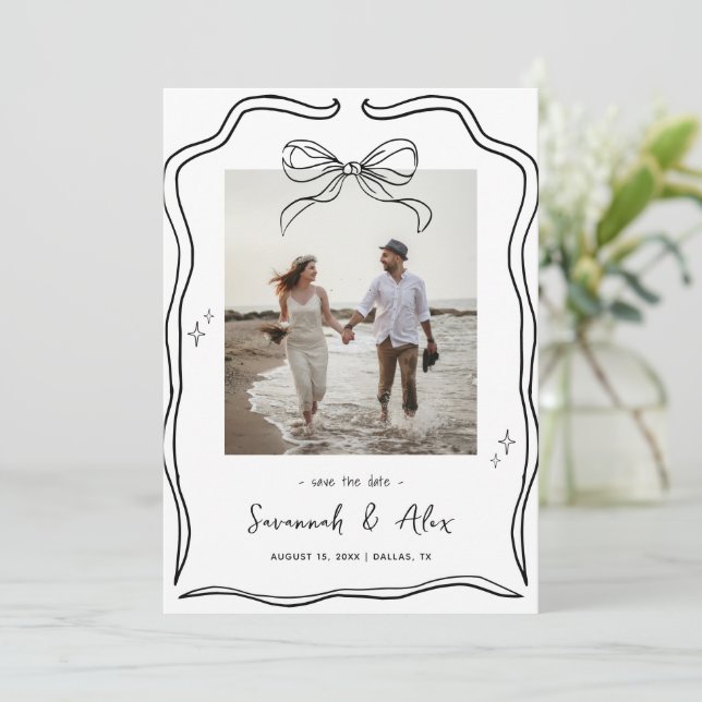 Hand Drawn Bow Frame Coquette Doodle Wedding Fun Save The Date (Standing Front)