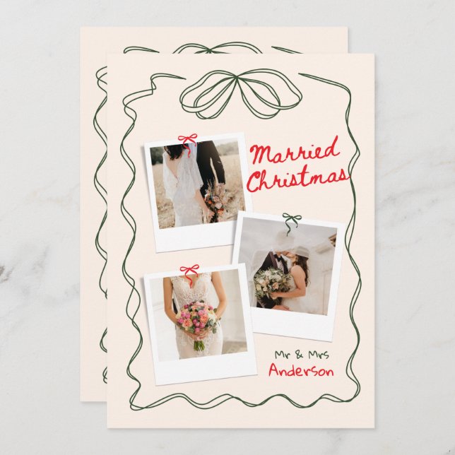 Hand Drawn Bow Frame Married Christmas Newlywed Holiday Card (Front/Back)