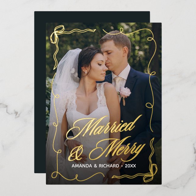 Hand Drawn Bow Frame Married Merry Newlywed Photo Foil Holiday Card (Front/Back)