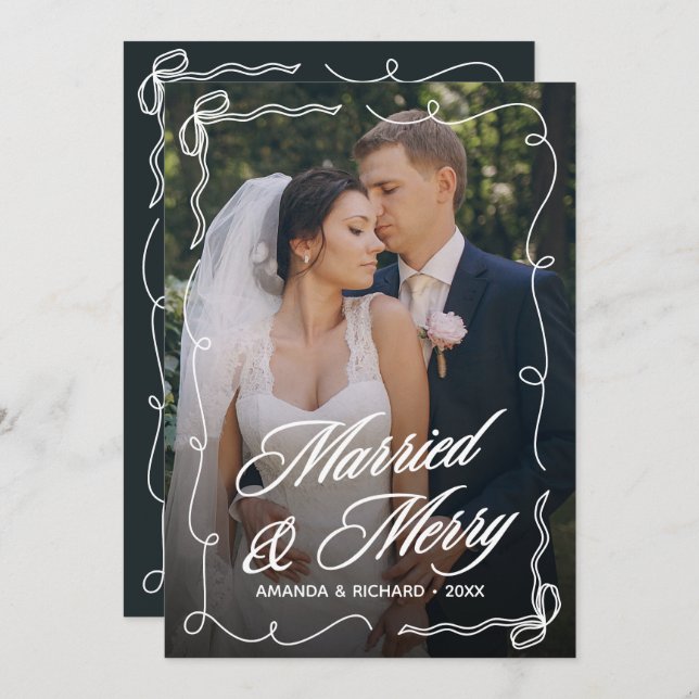 Hand Drawn Bow Frame Married Merry Newlywed Photo Holiday Card (Front/Back)