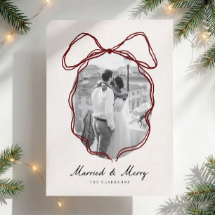 Hand-Drawn Bow Frame Newly Married Christmas Photo Invitation