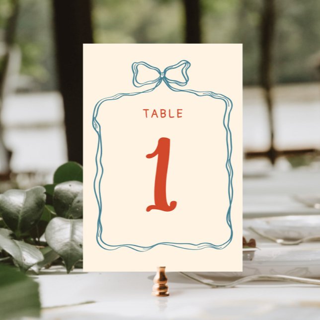 Hand Drawn Bow Frame Orange Blue Retro Wedding Table Number (Creator Uploaded)