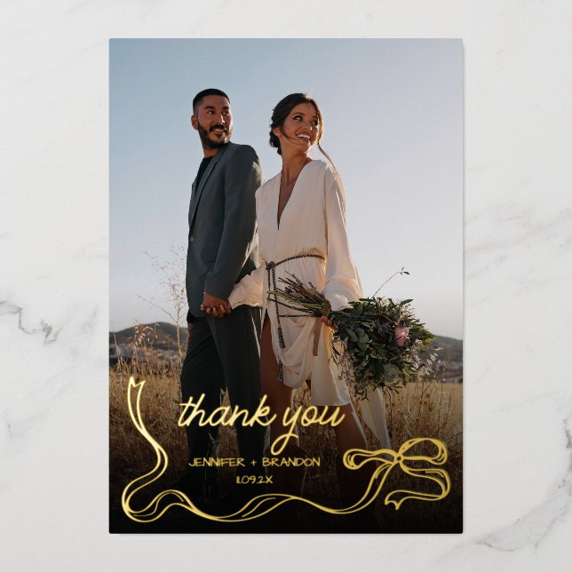 Hand drawn bow Gold Foil Thank you | Wedding Photo Holiday Card (Front)