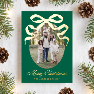 Hand-Drawn Bow Green Merry Christmas 5 Photo Foil Holiday Card