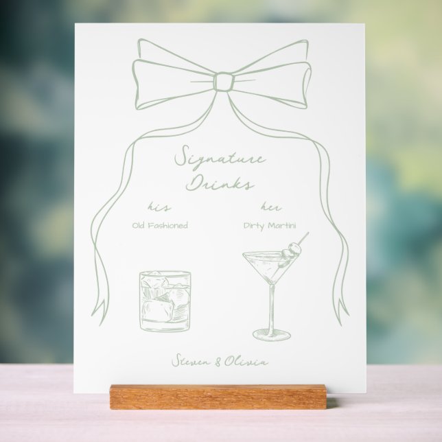 Hand Drawn Bow Green Signature Drinks Wedding Acrylic Sign (Neutral)