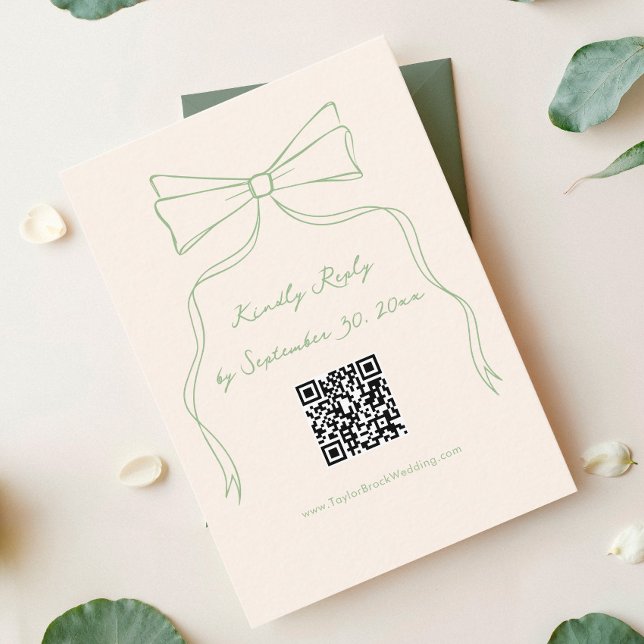 Hand Drawn Bow Green Wedding RSVP Qr Code Enclosure Card (Creator Uploaded)