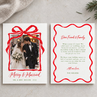 Hand Drawn Bow Merry & Married Newlywed Christmas Holiday Card