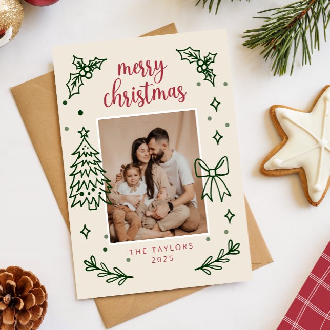 Hand Drawn Bow Minimalist Family Christmas Photo Holiday Card (Creator Uploaded)