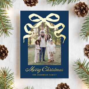 Hand-Drawn Bow Navy Merry Christmas Arch Photo Foil Holiday Card