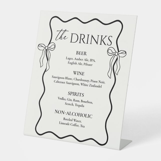 Hand Drawn Bow Old Money Wedding Bar Drink Menu Pedestal Sign (Front)