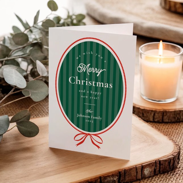 Hand Drawn Bow Oval Frame Classic Christmas Holiday Card (Vintage oval frame red and green Christmas holiday cards.)