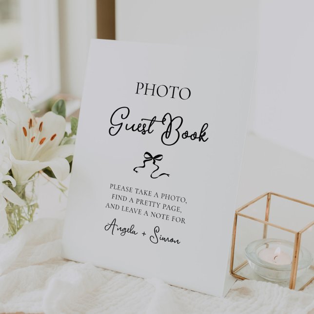 Hand drawn Bow Photo Guest Book  Pedestal Sign (wedding photo guestbook sign, hand drawn bow photo guest book wedding table signage hand written)