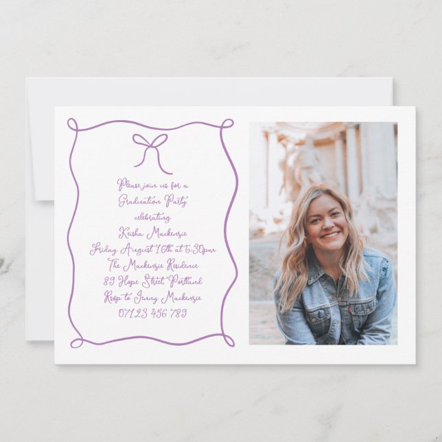 Hand Drawn Bow Photo Purple Graduation Party Invitation (Front)