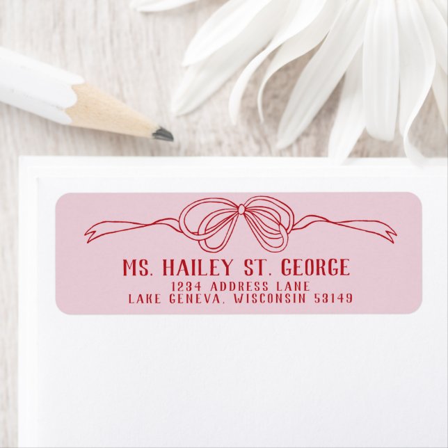  Hand Drawn Bow PINK & RED Wedding Return Address (Insitu)