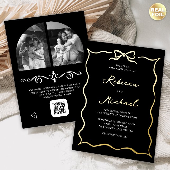 Hand Drawn Bow QR Code Photo Wedding Black Gold (Creator Uploaded)
