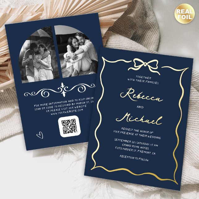Hand Drawn Bow QR Code Photo Wedding Navy Gold (Creator Uploaded)