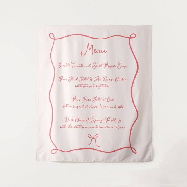 Hand Drawn Bow Red & Pink Fabric Wedding Menu Tapestry (Front)