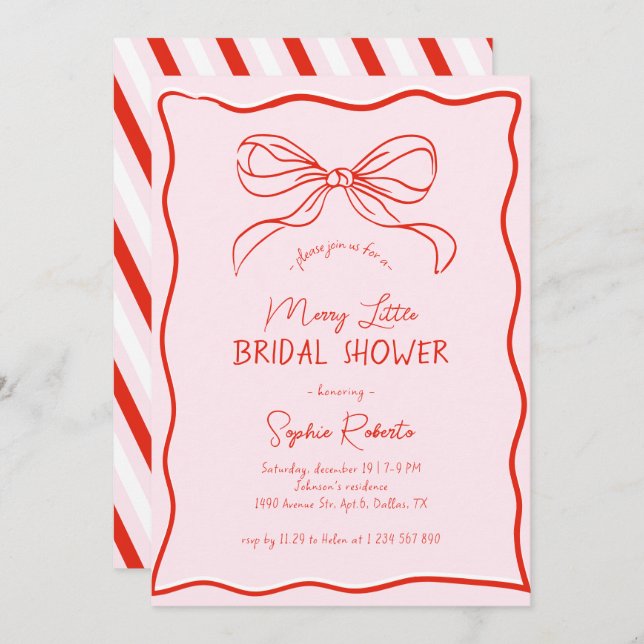 Hand Drawn Bow Red Pink Merry Little Bridal Shower Invitation (Front/Back)