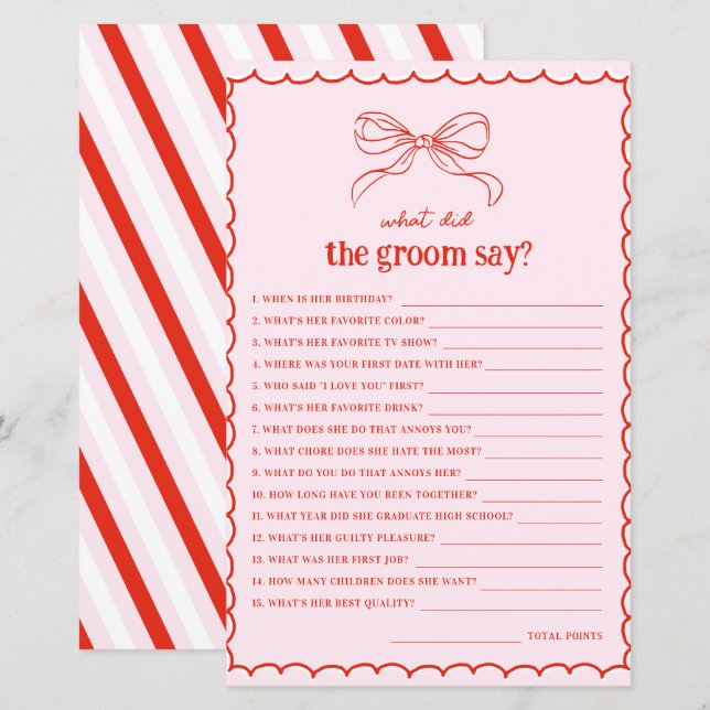 Hand Drawn Bow Red & Pink What Did the Groom Say (Front/Back)