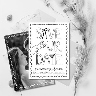 Hand Drawn Bow Ring & Wine Whimsical Photo Wedding Save The Date