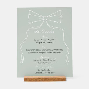 Hand Drawn Bow Sage Green Wedding Bar Drink Menu Acrylic Sign