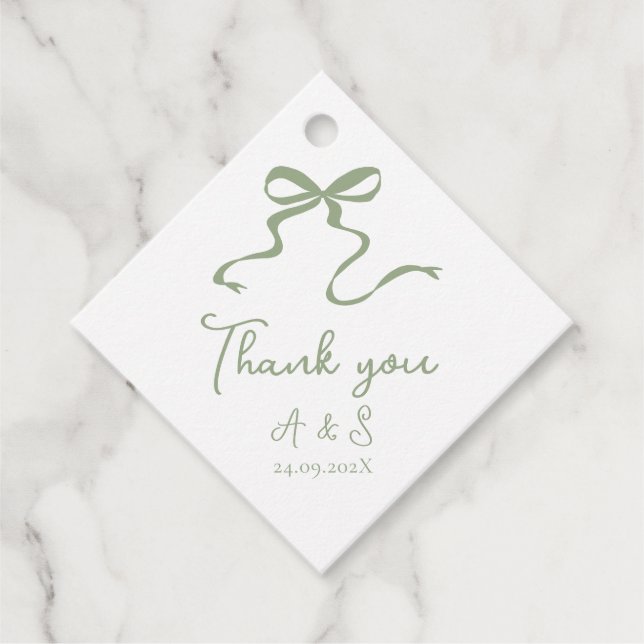 Hand drawn Bow Sage Green Wedding Favour Tag (Front)
