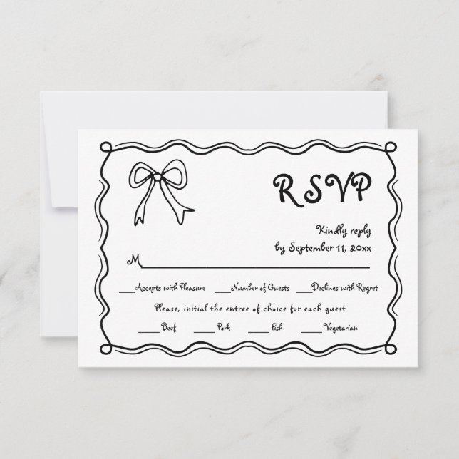  Hand drawn bow squiggle border whimsical wedding RSVP Card (Front)