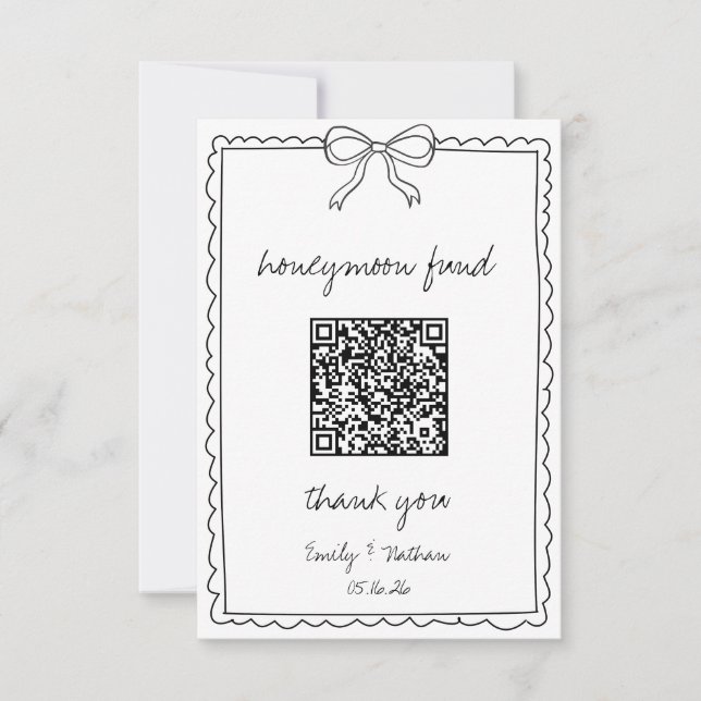 Hand Drawn Bow Wedding Honeymoon Fund QR Code Card (Front)
