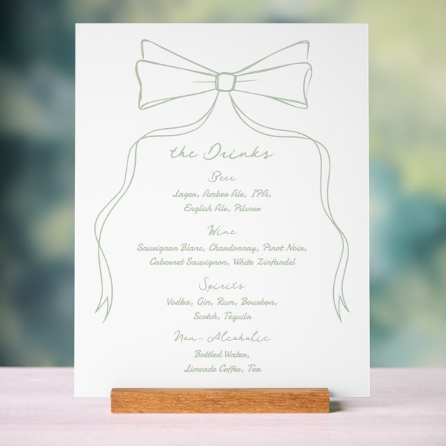 Hand Drawn Bow White and Green Wedding Bar Acrylic Sign (Neutral)