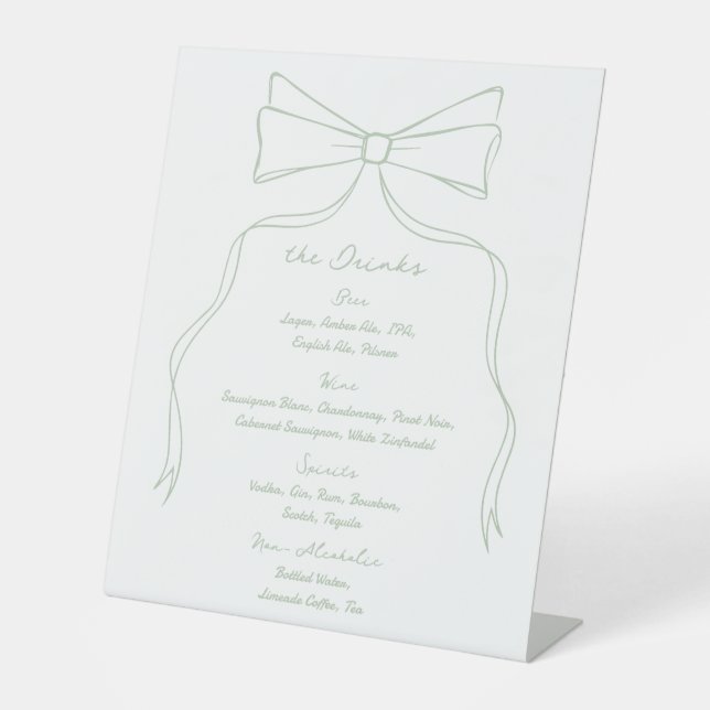 Hand Drawn Bow White and Green Wedding Bar Pedestal Sign (Front)