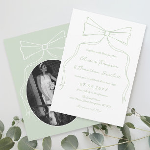 Hand Drawn Bow White and Green Wedding Invitation