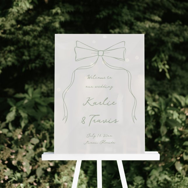 Hand Drawn Bow White and Green Wedding Welcome  Acrylic Sign (Creator Uploaded)