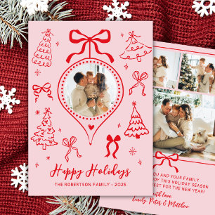 Hand Drawn Bows Photo Pink and Red Christmas Happy Holiday Card