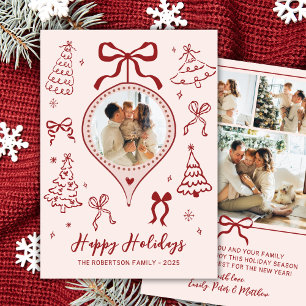 Hand-Drawn Bows Pink Red Photo Christmas Happy  Holiday Card