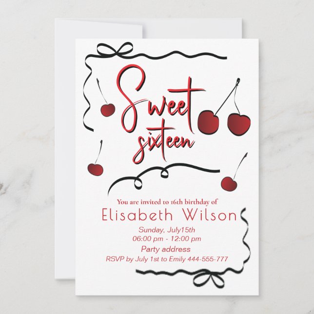 Hand drawn bows whimsy playful cherry sweet 16  invitation (Front)