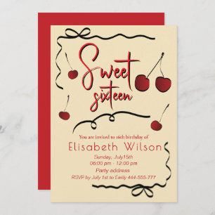 Hand drawn bows whimsy playful cherry sweet 16  invitation