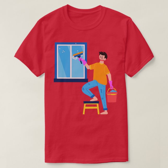 Hand Drawn Boy Cleaning The Window T-Shirt (Design Front)