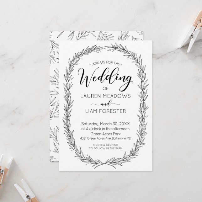 Hand Drawn Branch Frame Wedding Invitation (Front/Back In Situ)