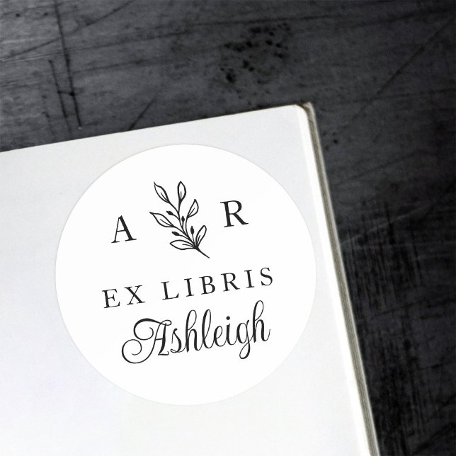 Hand-drawn Branch Initials Name Library Bookplate Classic Round Sticker (Creator Uploaded)