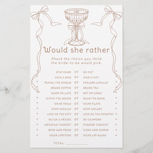 Hand drawn bridal shower Would she rather game (Front)