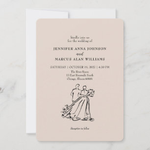 Hand Drawn Bride Groom Fashion Sketch QR Wedding Invitation
