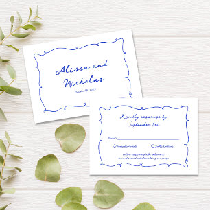 Hand Drawn Bright Blue Border & Script Wedding RSVP Card