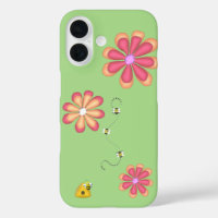 Hand Drawn Bright Colourful Flowers Bees on Lime