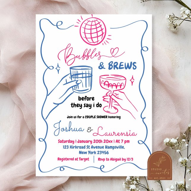 Hand Drawn Bubbles and Brews Couples Shower Invitation (Creator Uploaded)